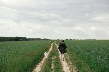 Fototapeta na wymiar Woman walking with cute white dog in wheat field. Stylish young female hiking and running with funny dog in summer countryside. Pet and travel. Danish spitz