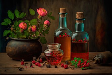 Composition with bottles of essential oil and rose hip berries on wooden table