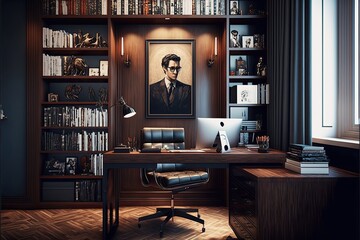 Contemporary home office with a large desk and a wall of floor-to-ceiling bookshelves generative ai