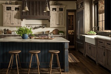 Cozy farmhouse-style kitchen with a large island and distressed wood cabinetry  generative ai