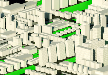 Urban background. Three-dimensional city map top view. Abstract city map 3d. Visualization of city streets and buildings. Buildings and roads on gray background. Architectural background. 3d image.