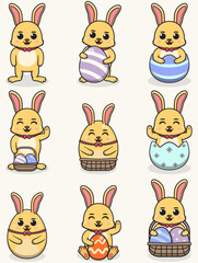 Rabbit Happy Easter. Cute Rabbit on the Easter theme in cartoon. Vector illustration. Isolated on white background. Easter holiday vector set.