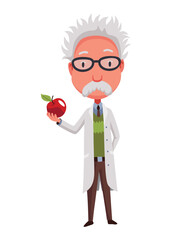 Old scientist holding apple. Funny moustached character wearing glasses and lab coat. Discovery in science. Vector illustration in cartoon style
