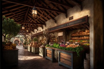 Gourmet food market in a complex setting with rustic wood beams and a variety of fresh produce stands generative ai
