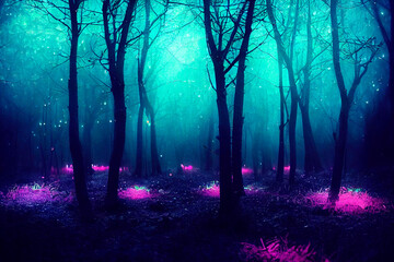 A magical forest, illuminated by neon lights, exudes an enchanting atmosphere. The misty fog adds a touch of mystery, as the orange and purple hues cast a fairy tale-like ambiance.