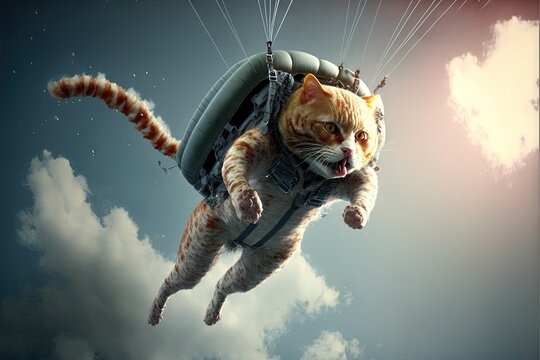 Cat skydriver. Flying with parachute parachuting illustration generative ai