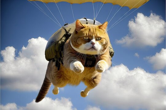 Cat skydriver. Flying with parachute parachuting illustration generative ai