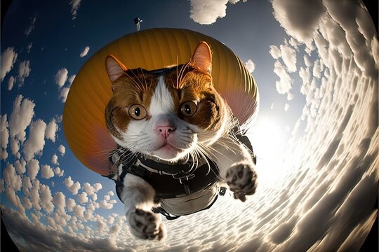 Cat skydriver. Flying with parachute parachuting illustration generative ai