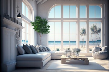 Fototapeta na wymiar Large living room with a sea view in a lavish summer beach home with no furniture. interior design of a holiday house or villa