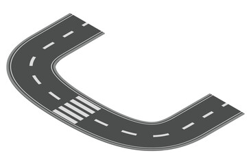 Isometric road element for highway city street map traffic creation. Asphalt part of road and route with curve