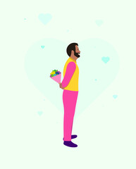 Guy with flowers, card for Valentine's day, 8 march, womens day