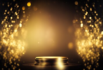 abstract gold background with blur bokeh light, product stage show with copy space on glitter glow bokeh light background idea for mock up your product in luxury atmosphere , Generative Ai