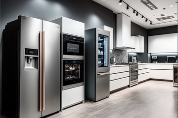 Luxury home appliance store in a studio setting with a modern, minimalist design and a variety of high-tech appliances generative ai