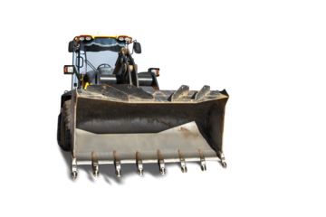 Heavy front loader or bulldozer on a white isolated background. construction machinery. Transportation and movement of bulk materials. Large bucket for earth, sand and gravel. Front view.
