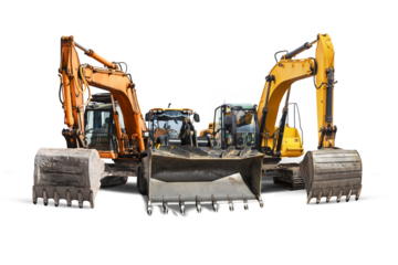 Two crawler excavators and bulldozer loader close-up on a white isolated background.Construction equipment for earthworks. element for design.