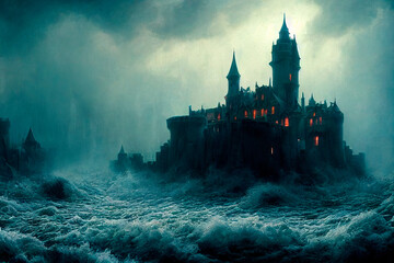 A dark and ominous Gothic castle in a thunderstorm, with burning lights in the windows and a spooky atmosphere fitting for Halloween. The moonlight and flowing water add to the mystical ambiance.