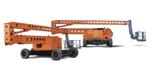 Two construction telescopic towers or work platform for lifting people working at height on a white isolated background. Powerful work platform for lifting workers.