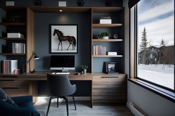 Modern home office with clean lines and a wall of built-in shelves generative ai