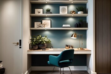 Modern home office with clean lines and a wall of built-in shelves generative ai