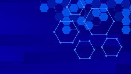 Abstract blue hexagonal background with connecting dots and lines. Network or connection concept. Abstract technology science background.