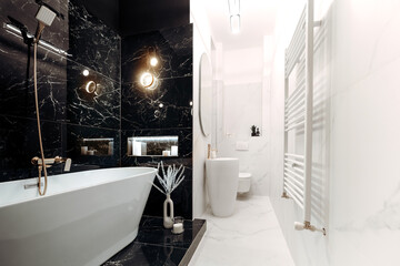 Details of fancy bathroom with modern appliances and LED fixtures, freestanding tub with black and white marble