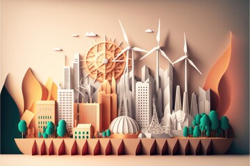 Origami cartoon energy plant with renewable sources, sun and wind on city skyline Generative AI 
