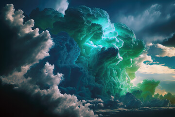 close-up of beautiful blue and greenish clouds, ai generated