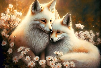 Obraz premium cute animal lover cuddle hug each other in blossom flowers field in dreamy fantasy spring time, idea for family love atmosphere or Valentine's day background wallpaper, white fox Generative Ai