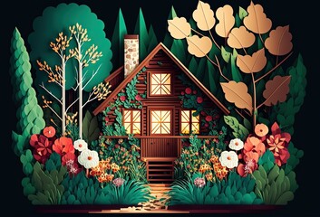 paper craft illustration of wooden cabin in forest in spring time	Generative Ai