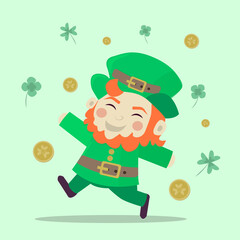 Happy St. Patrick's day leprechaun with luck coins and clovers. St. Patrick's day concept. 
