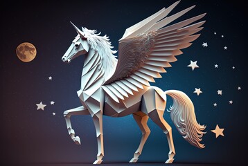 Obraz na płótnie Canvas paper art style illustration of winged white celestial unicorn Generative Ai