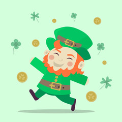 Obraz na płótnie Canvas Happy St. Patrick's day leprechaun with luck coins and clovers. St. Patrick's day concept. 