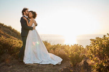 Mountain, wedding or a couple of friends hug in a romantic celebration in an interracial marriage....