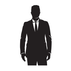 Businessman standing in suit, isolated vector silhouette, ink drawing