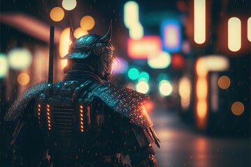 Armed samurai and street with blurred neon light. ninja samurai. Generative AI