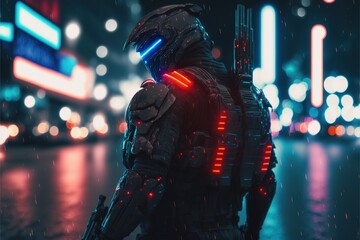 Armed super soldier with supersonic gun in the cyber city. cyberpunk city. cyborg. Robot. Generative AI