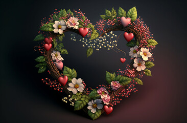 St Valentine wreath with hearts and flowers created with generative AI technology