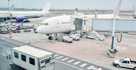 Airport runway, travel and cargo for airplane for takeoff, international flight and commercial...