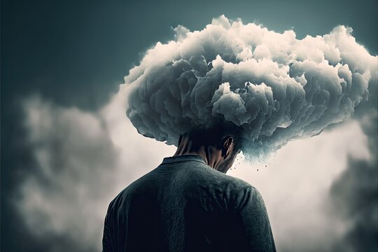 A Mental Health Concept. Of A Man With His Head In His Hands Vanishing Into Clouds Generative Ai