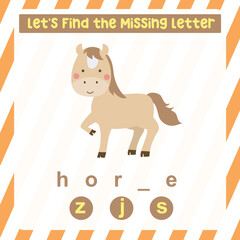 Cartoon a brown horse. Educational spelling game for kids. Complete the missing letters for animal farm name in English. Kids educational worksheet.