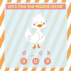 Cute cartoon white duck. Educational spelling game for kids. Complete the missing letters for animal farm name in English. Kids educational worksheet.