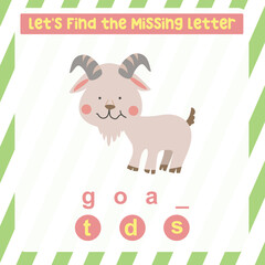 Cute cartoon goat. Educational spelling game for kids. Complete the missing letters for animal farm name in English. Kids educational worksheet.