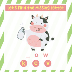 Cute cartoon cow holding a bottle of milk. Educational spelling game for kids. Complete the missing letters for animal farm name in English. Kids educational worksheet.