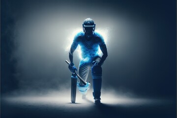 A cricket player walking on the ground in a blue jersey. Cricket. sports player. Generative AI