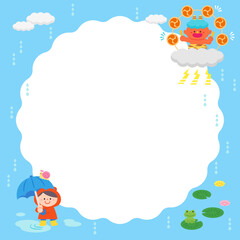 Obraz premium イラストフレーム 雨の日 雷様と子ども.