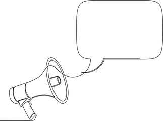 continuous single line drawing of megaphone with speech bubble, line art vector illustration