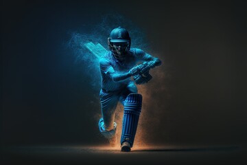 A cricket player walking on the ground in a blue jersey. Cricket. sports player. Generative AI