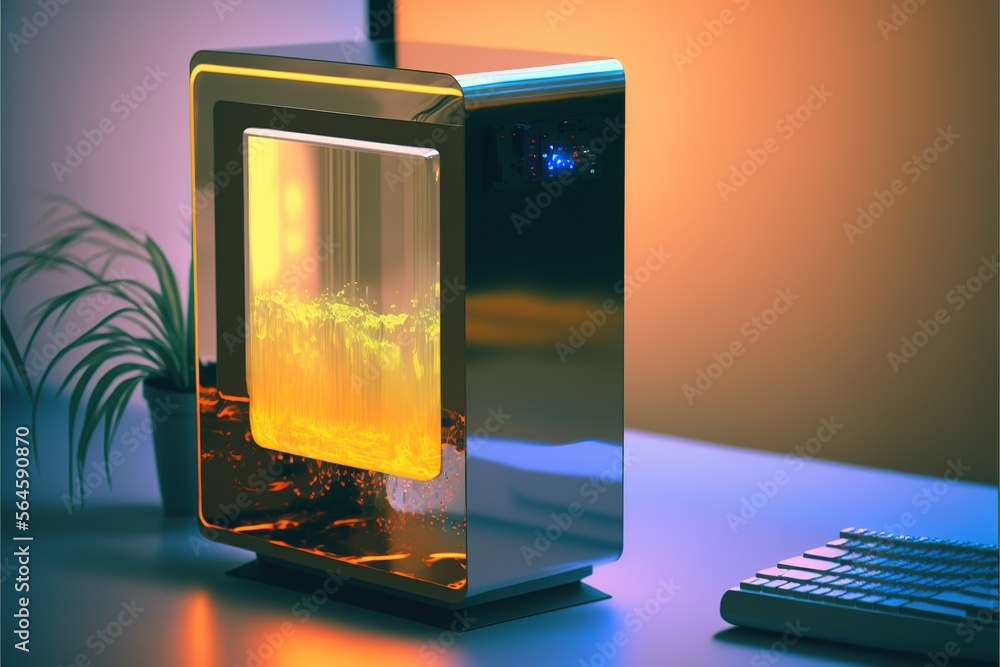 Poster hologram personal quantum desktop computer fluid technology. hologram artificial intelligence screen