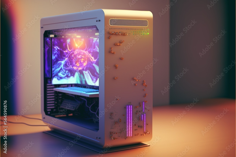 Poster hologram personal quantum desktop computer fluid technology. hologram artificial intelligence screen