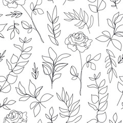 Vector flower linear seamless background, roses and leaves line pattern, hand drawn style. Monoline doodle.